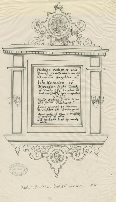 Église de Rugeley (ancienne) - Monument à Richard Weston : tracé à la plume et à l