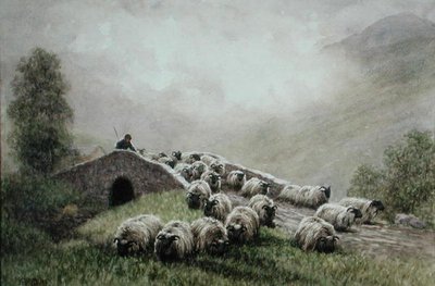 Pont des Highlands avec berger et troupeau - John Robert Keitley Duff