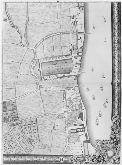 Carte des docks de Lower Rotherhithe, Londres, 1746 (gravure) - John Rocque