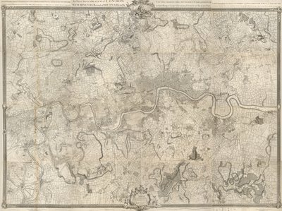 Carte du XVIIIe siècle de Londres. Enquête exacte sur les villes de Londres, Westminster, le quartier de Southwark et le pays à dix miles autour commencée en 1741 et terminée en 1745 / par John Rocque arpenteur et (gravée) par Richard Parr - John Rocque