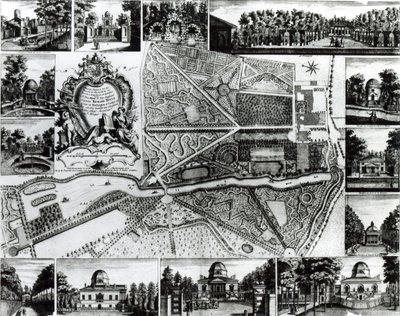Plan du jardin et vue des maisons à Chiswick sur la Tamise - John Rocque