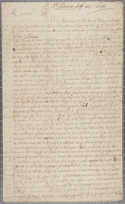Lettre de John Row, étudiant à St Andrews, à son oncle, 1691 - John Row