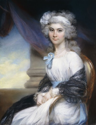 Portrait de Mlle Sophia Vansittart, trois-quarts longueur, portant une robe blanche avec un ruban blanc autour de ses cheveux poudrés et un châle noir drapé sur ses épaules, assise à côté d