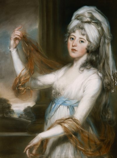 Portrait de Sarah, épouse de Walker King, évêque de Rochester, trois quarts longueur, en robe blanche avec une ceinture bleue - John Russell