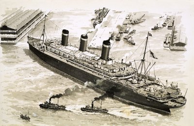 Le navire à vapeur Leviathan est poussé par des remorqueurs vers une jetée dans le port de New York. - John S. Smith