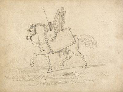 Un cheval chargé de matériel d