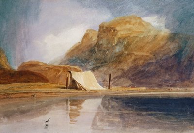 Un lac montagneux avec une tente dressée sur le rivage - John Sell Cotman