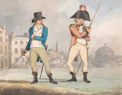 Caricature de deux hommes avec des épées dégainées (un d
