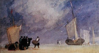 Figures sur le rivage déchargeant un bateau à marée basse - John Sell Cotman