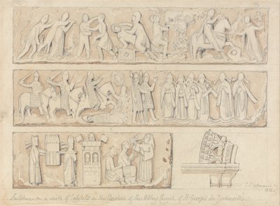 Sculpture sur une suite de chapiteaux dans le cloître de l