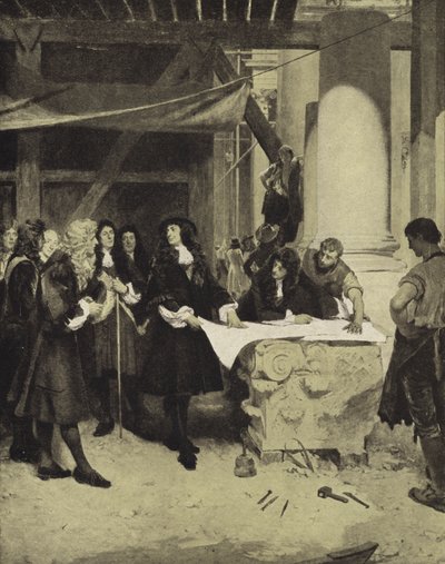 Le roi Charles II visitant Sir Christopher Wren pendant la construction de la cathédrale Saint-Paul, fin du XVIIe siècle - John Seymour (after) Lucas
