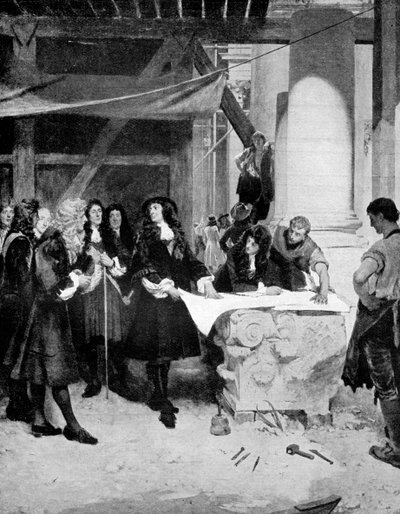 Charles II visitant Sir Christopher Wren pendant la construction de la cathédrale Saint-Paul, Londres, 1909 - John Seymour Lucas