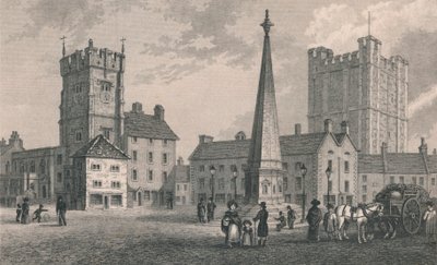 Place du marché de Richmond, église de la Trinité et donjon du château de Richmond, 1831 - John Shury