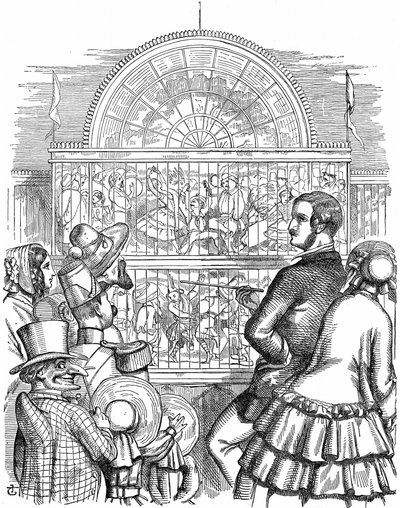 Albert, prince consort de la reine Victoria, montrant le Crystal Palace et la Grande Exposition à Hyde Park, Londres. Caricature de John Tenniel dans Punch, Londres, 1851. Gravure sur bois - John Tenniel