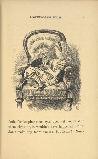 Alice assise dans un fauteuil jouant avec un chaton - John Tenniel