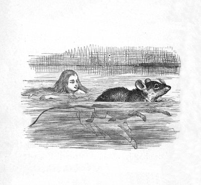 Alice nageant avec une souris dans une piscine, 1889 - John Tenniel