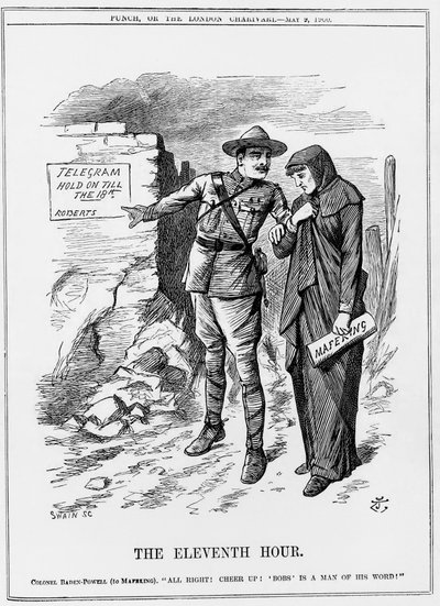 Guerre des Boers : Baden Powell encourageant Mafeking à tenir bon. Lord Roberts a promis de les soulager d