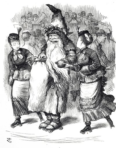Caricature représentant le Père Noël en patins à roulettes - John Tenniel