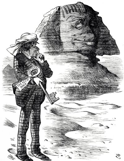 Dessin animé représentant le Premier ministre Benjamin Disraeli tenant le canal de Suez comme la clé de la possession et de l