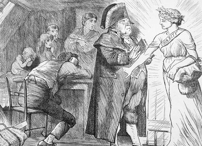 Charité balayant les protestations de M. Brumble dans sa détermination à apporter du soulagement aux familles pauvres en détresse - John Tenniel