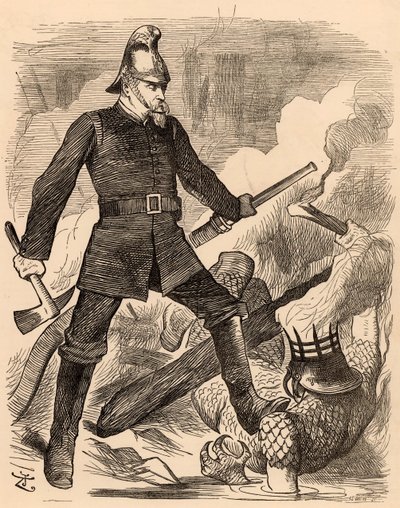 Eyre Massey Shaw combattant le feu, de "Punch" Londres, 20 août 1887 (gravure) - John Tenniel