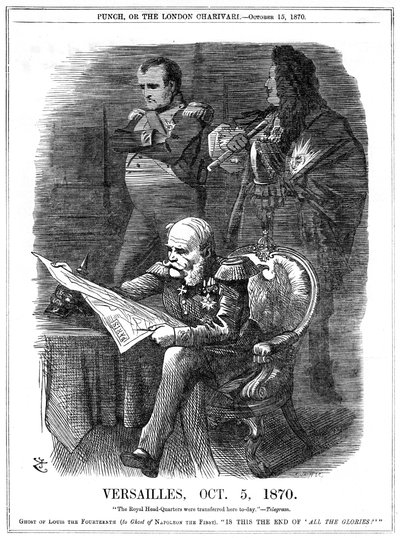 Guerre franco-prussienne 1870-1871 : Ombres de Louis XIV et Napoléon Ier déplorant la déchéance de la gloire de la France. Le 5 octobre 1870, Guillaume Ier, roi de Prusse, fit de Versailles son quartier général, et le 18 janvier fut proclamé empereur d