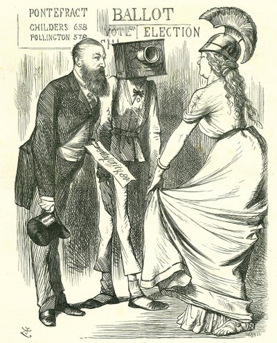 Hugh Childers (1827-1896) parlementaire britannique, informant Britannia du succès de la nouvelle urne électorale. Caricature de John Tenniel dans 