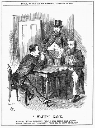 Lord Randolph Churchill (à gauche) essayant de faire montrer à Charles Stewart Parnell, homme politique irlandais, ses intentions et de faire savoir à Churchill et Hartington comment il utilisera les votes parnellites qu