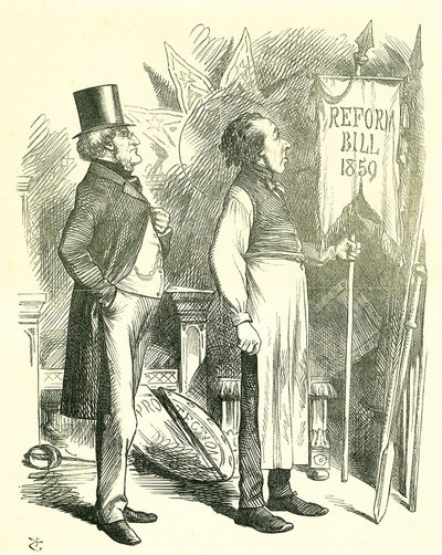 Économie politique : Réforme du Parlement - extension du droit de vote. Disraeli (chancelier) et Derby (Premier ministre) dépoussiérant le projet de loi de réforme. En 1867, Disraeli a introduit un nouveau projet de loi. Caricature de John Tenniel dans Pun - John Tenniel