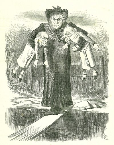 Déposer deux, et en porter un.?: Gladstone, le Premier ministre britannique, dans un dilemme sur lequel des projets de loi irlandais controversés abandonner. Caricature de John Tenniel de Punch, Londres, 3 avril 1886. - John Tenniel
