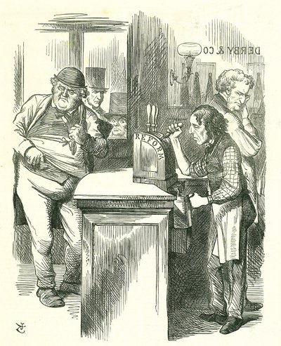 Le garçon honnête : Réforme du Parlement - extension du droit de vote. Disraeli servant la réforme à John Bull sous le regard de son opposition parlementaire. Il a introduit et fait adopter son projet de loi sur la réforme. Caricature de Tenniel de Punch,  - John Tenniel