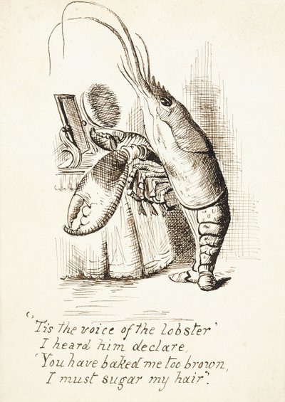 Le Homard, avec une brosse à cheveux dans sa pince devant une coiffeuse, avec 4 lignes de vers, c.1865 - John Tenniel