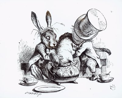 Le Chapelier fou et le Lièvre de Mars mettant le Loir dans la théière, illustration de 
