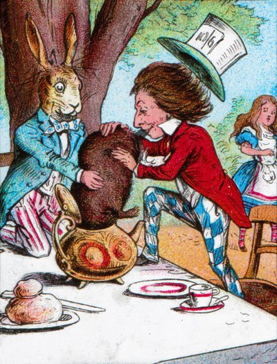 Le Chapelier Fou et le Lièvre de Mars essayant de mettre le Loir dans une théière, vers 1910 - John Tenniel