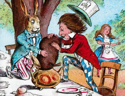 Le Chapelier fou et le Lièvre de Mars essayant de mettre le Loir dans une théière, vers 1910 - John Tenniel
