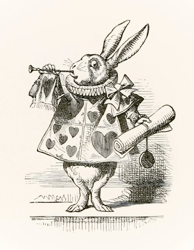 Le Lapin Blanc avec trompette et parchemin annonçant l