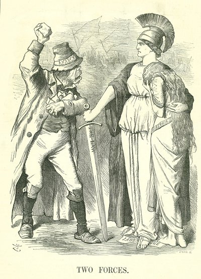 Deux forces : Ligue agraire irlandaise interdite. Britannia protège Hibernia (Irlande) avec la force de la loi contre la force de l