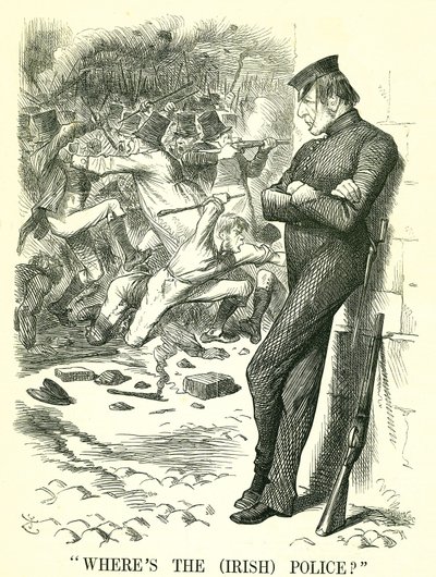 Où est la police (irlandaise) ? : William Gladstone, Premier ministre britannique, observant les troubles en Irlande et attendant d