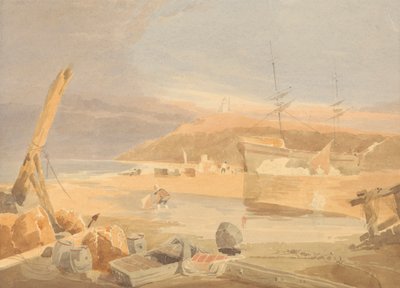 Scène de rivage avec navire à voile au quai - John Thirtle