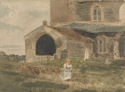 Jeune fille assise sur un talus devant une église - John Thirtle
