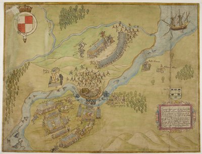Cotton Augustus I ii 38, Dessin en couleur de la bataille de Ballyshannon - John Thomas