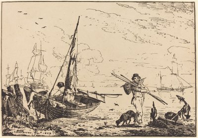 Marine : Bateaux de pêche sur le rivage, homme avec des rames, navire au loin - John Thomas Serres