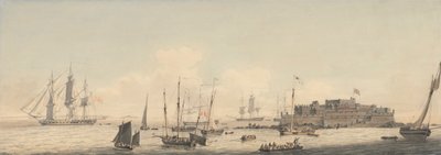 Vue du château Cornet, Guernesey, îles Anglo-Normandes, avec des navires - John Thomas Serres