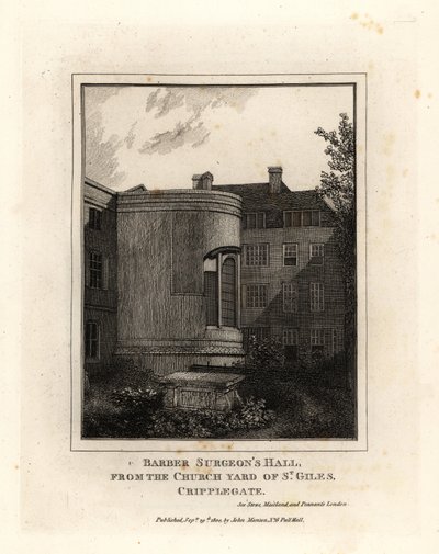 Hall des chirurgiens-barbiers, Monkwell Street, depuis le cimetière de l