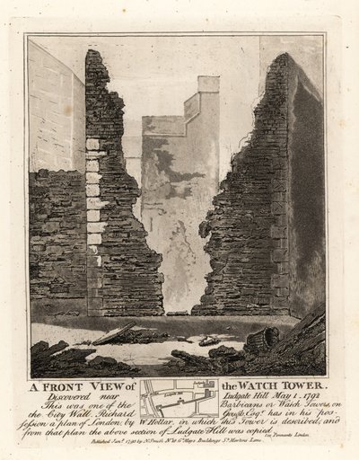Vue de face de la tour de guet ou barbican dans le mur de la ville découvert près de Ludgate Hill, 1er mai 1792 - John Thomas Smith