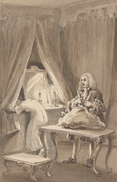 Hogarth après que sa femme a mis une nouvelle chemise de nuit, attache ses affaires pour les envoyer à Sir James Thornhill avec une lettre dans laquelle il lui dit, 