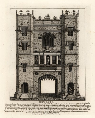 Newgate, reconstruit en 1672 après le Grand Incendie de Londres, avec trois figures Justice, Fortitude et Prudence de l