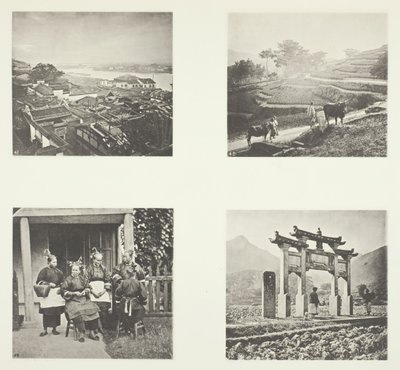 Partie de la colonie étrangère de Foochow, terrasses des collines, femmes des champs de Foochow, une arche commémorative, vers 1868 - John Thomson