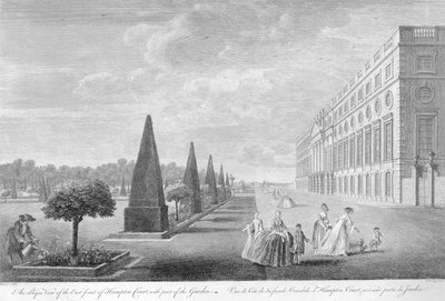 Vue oblique de la façade est de Hampton Court avec une partie du jardin, c.1744 - John Tinney