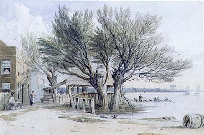 Bâtiments et arbres taillés sur les rives de la Tamise, Millbank - John Varley